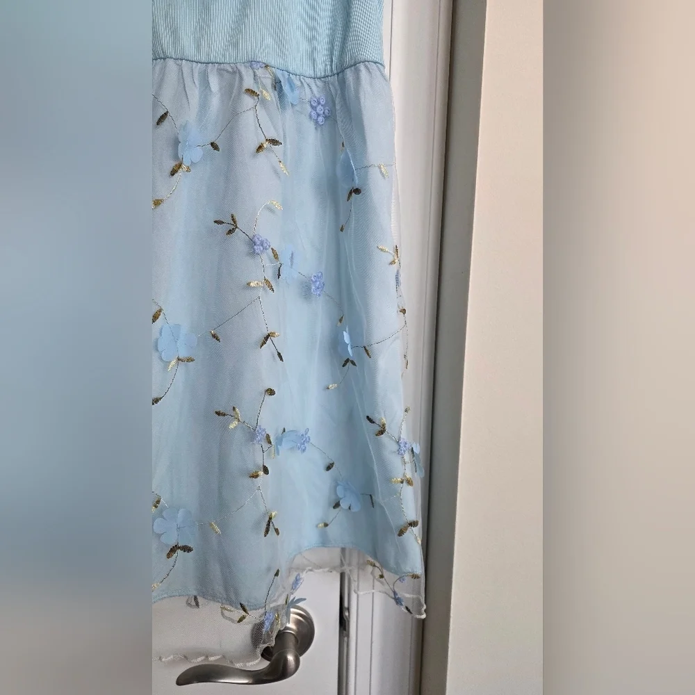 Girls Light Blue One Shoulder Ruffle Embroidered Mesh Dress 9Y